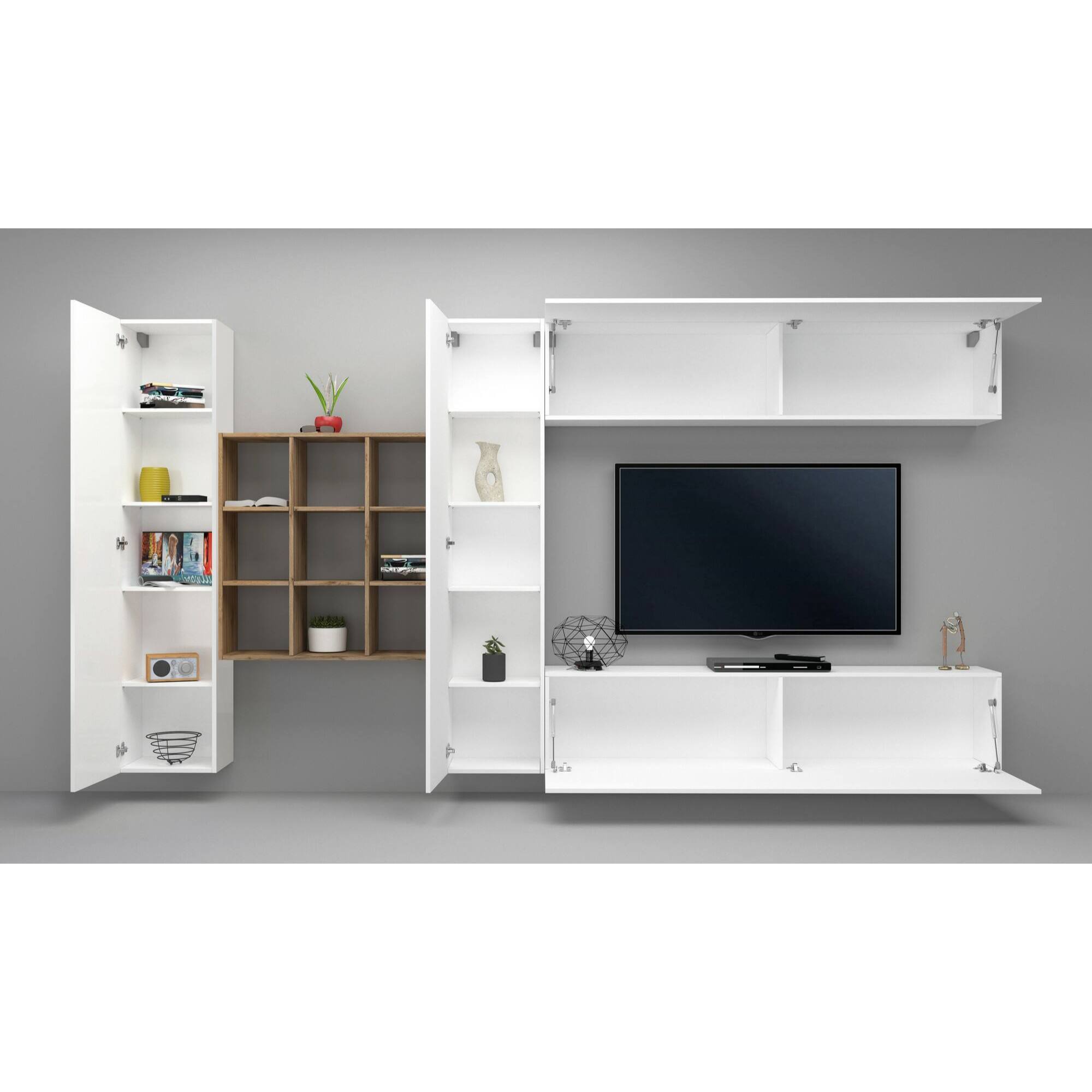 Parete attrezzata Gualtiero, Set salotto porta TV a 4 ante, Mobile soggiorno multiuso, 100% Made in Italy, cm 350x30h180, Bianco lucido