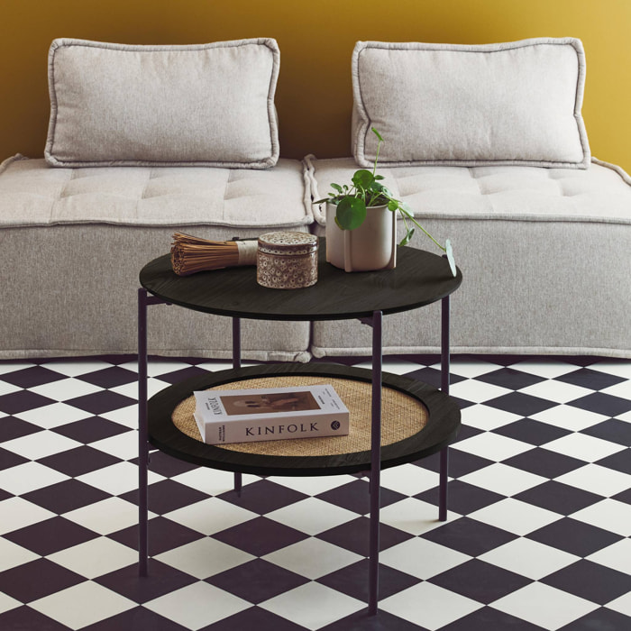 Table basse coloris noir vintage double plateaux effet bois et cannage. piètement et structure en métal noir