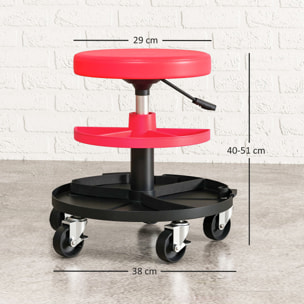Taburete de Taller Giratorio con Ruedas Altura Ajustable de 40-51 cm Asiento Taburete para Mecánico con 2 Bandejas para Herramientas Carga 135 kg para Garaje Reparación de Automóviles Rojo