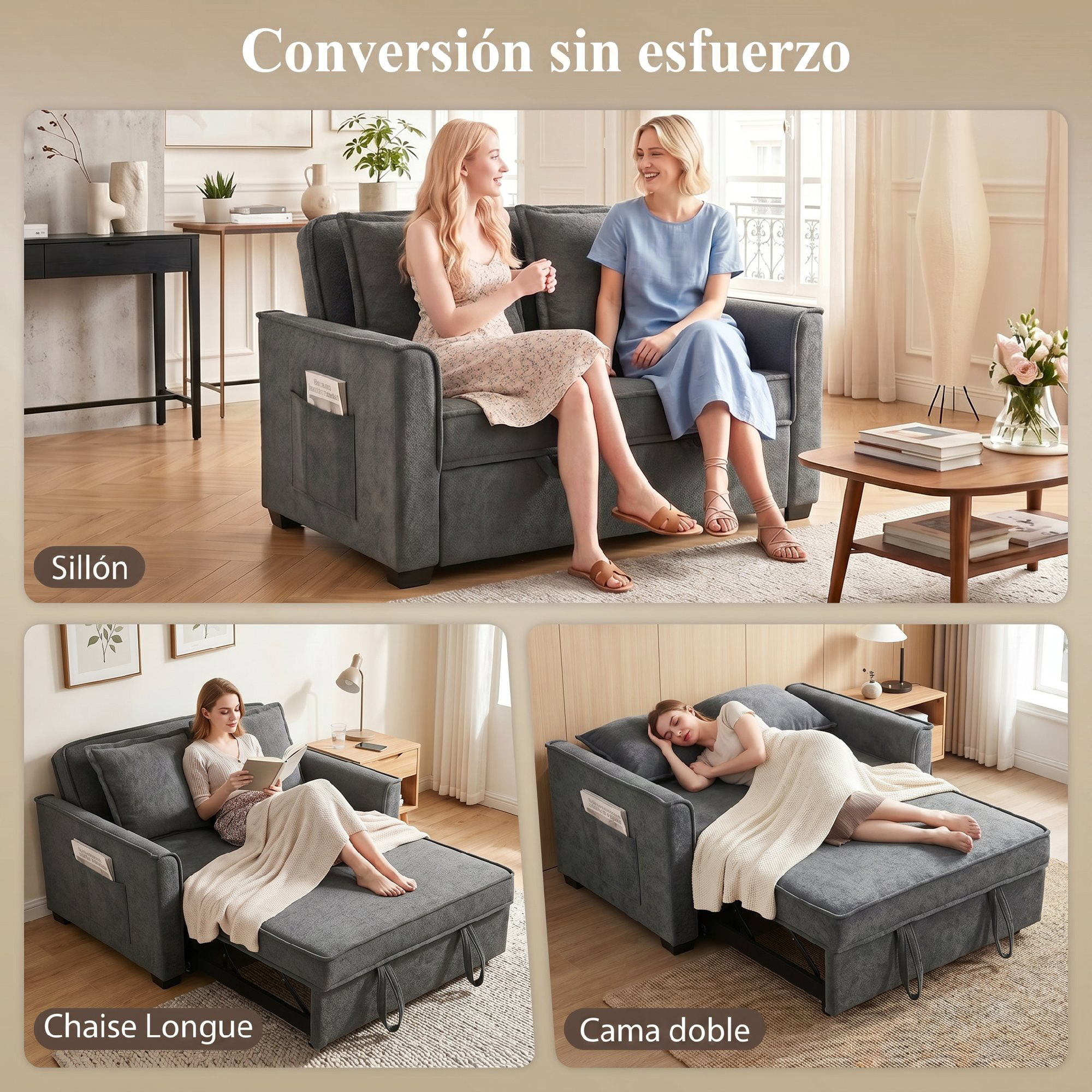 Sofá Cama 2 Plazas 3 en 1, Sofá Cama de Tejido Rizo con Respaldo Ajustable 3 Niveles, Bolsillos Laterales, 2 Almohadas con Fundas Extraíbles para Sala de Estar, Espacios Pequeños, Gris Oscuro
