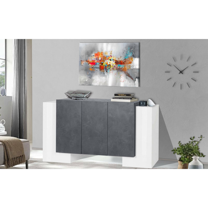 Credenza moderna a 5 ante, Made in Italy, Madia da cucina, Buffet di design da soggiorno, cm 170x45h85, colore Bianco lucido e Grigio Cenere