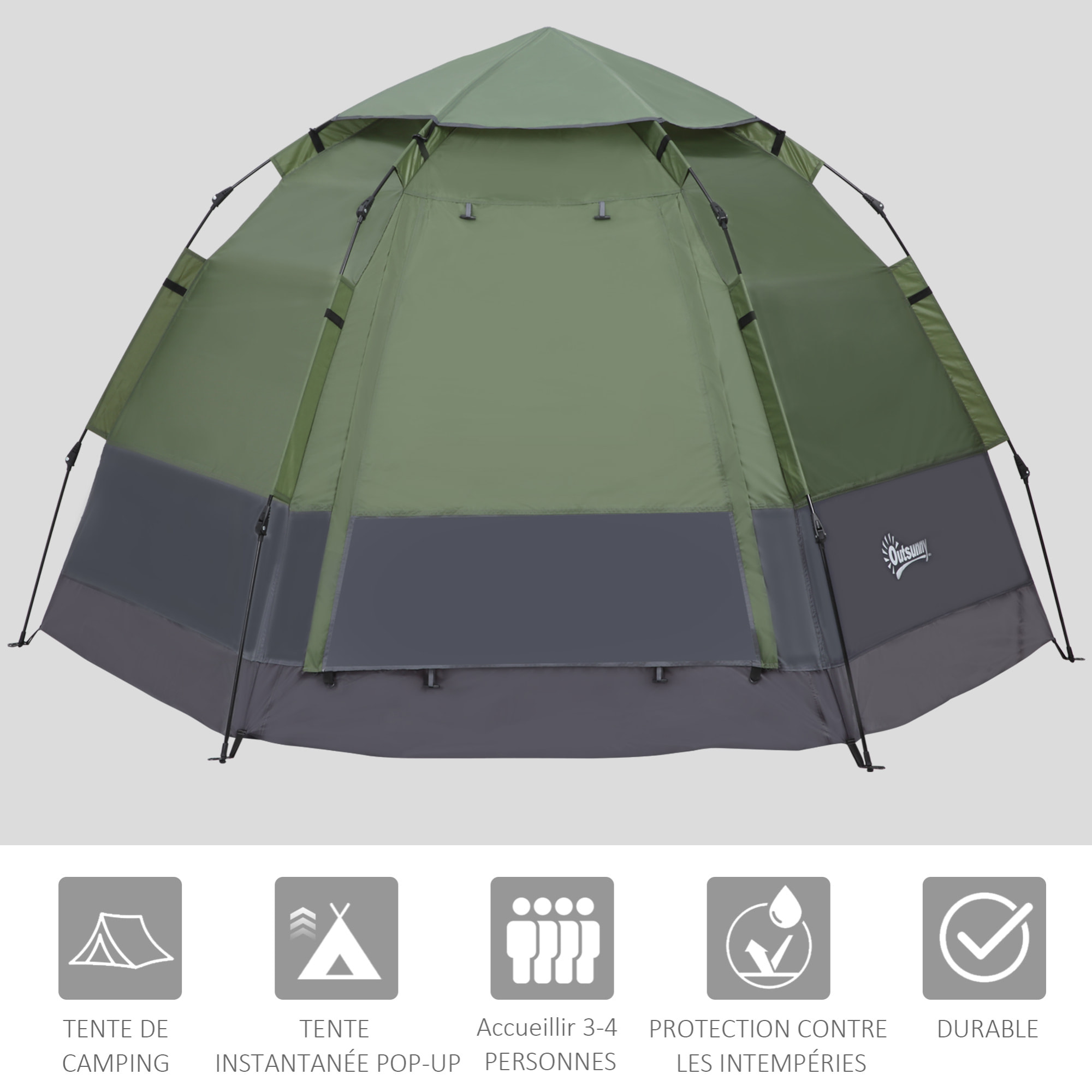 Tente pop up montage instantané - tente de camping 3-4 pers.  - 2 grandes portes - dim. 2,6L x 2,6l x 1,5H m fibre verre polyester oxford vert gris