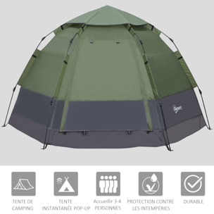Tente pop up montage instantané - tente de camping 3-4 pers.  - 2 grandes portes - dim. 2,6L x 2,6l x 1,5H m fibre verre polyester oxford vert gris
