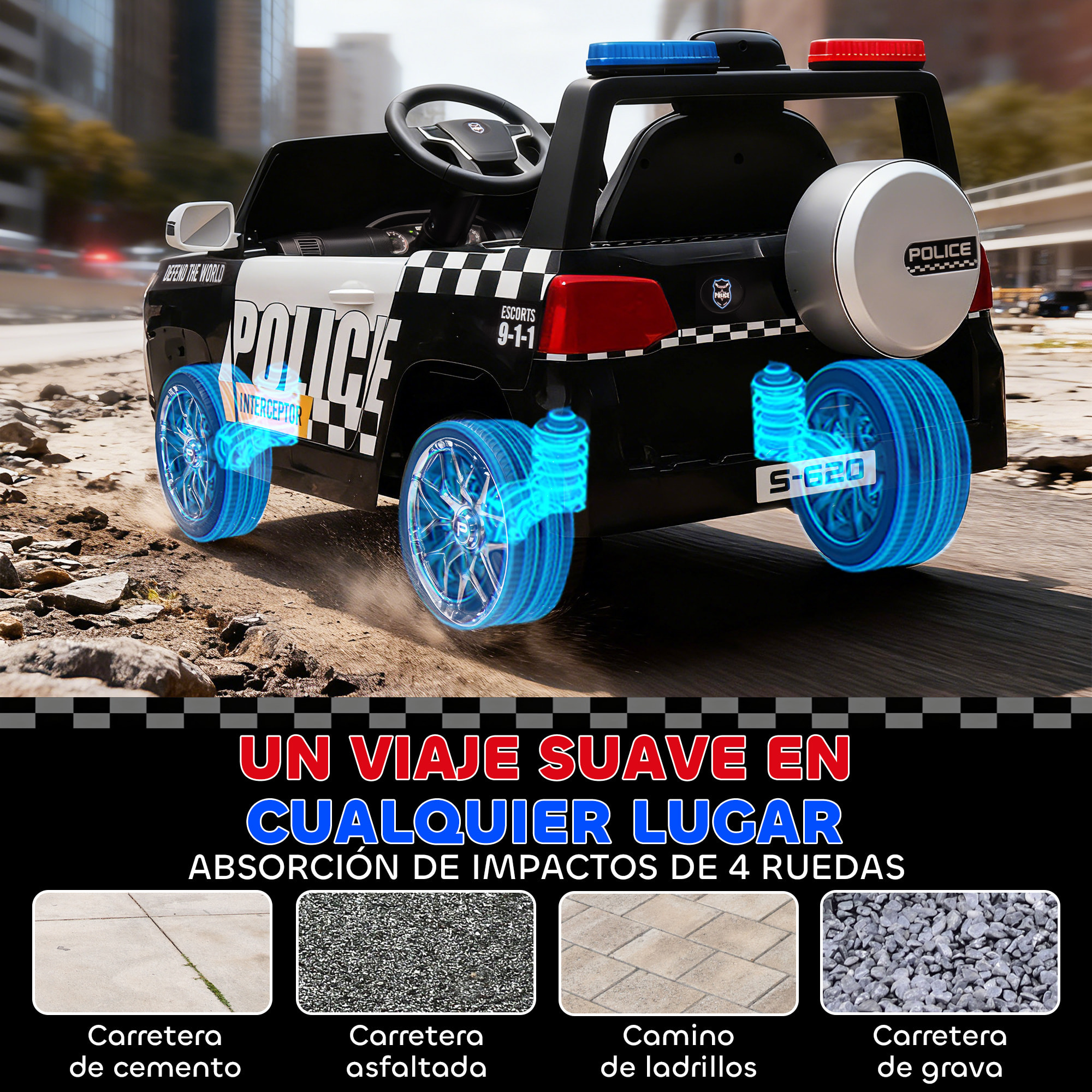 Coche Eléctrico para Niños de Policía, Coche de Batería 12V, con Motor Doble, Mando a Distancia 2,4 G, Suspensión en 4 Ruedas, Sirena, Faros LED, Puerto USB, Blutooth y Música, Blanco