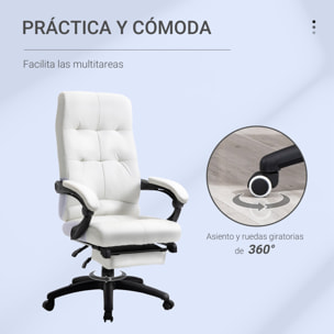 Vinsetto Silla de Oficina Ergonómica Silla de Escritorio Giratoria con Altura Ajustable Función de Inclinación Reposabrazos y Reposapiés Piel Sintética 65x65x118-125 cm Blanco