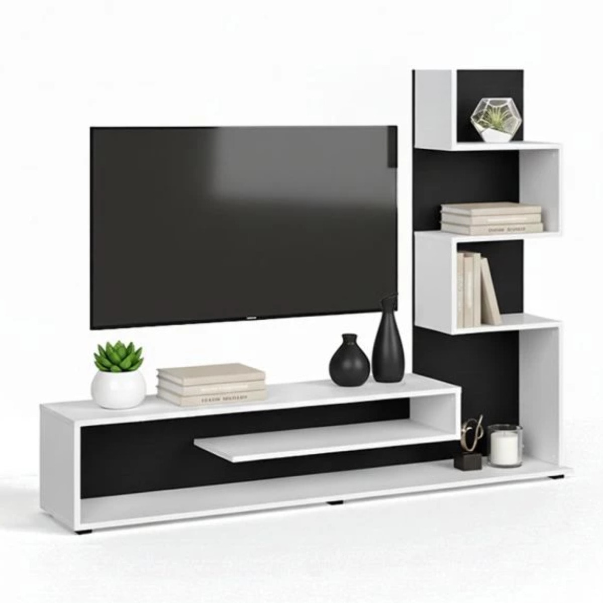 Mueble de salón Moobi en color blanco artik negro y medidas 160 x 124 cm Blanco Artik (Blanco Mate) - Negro