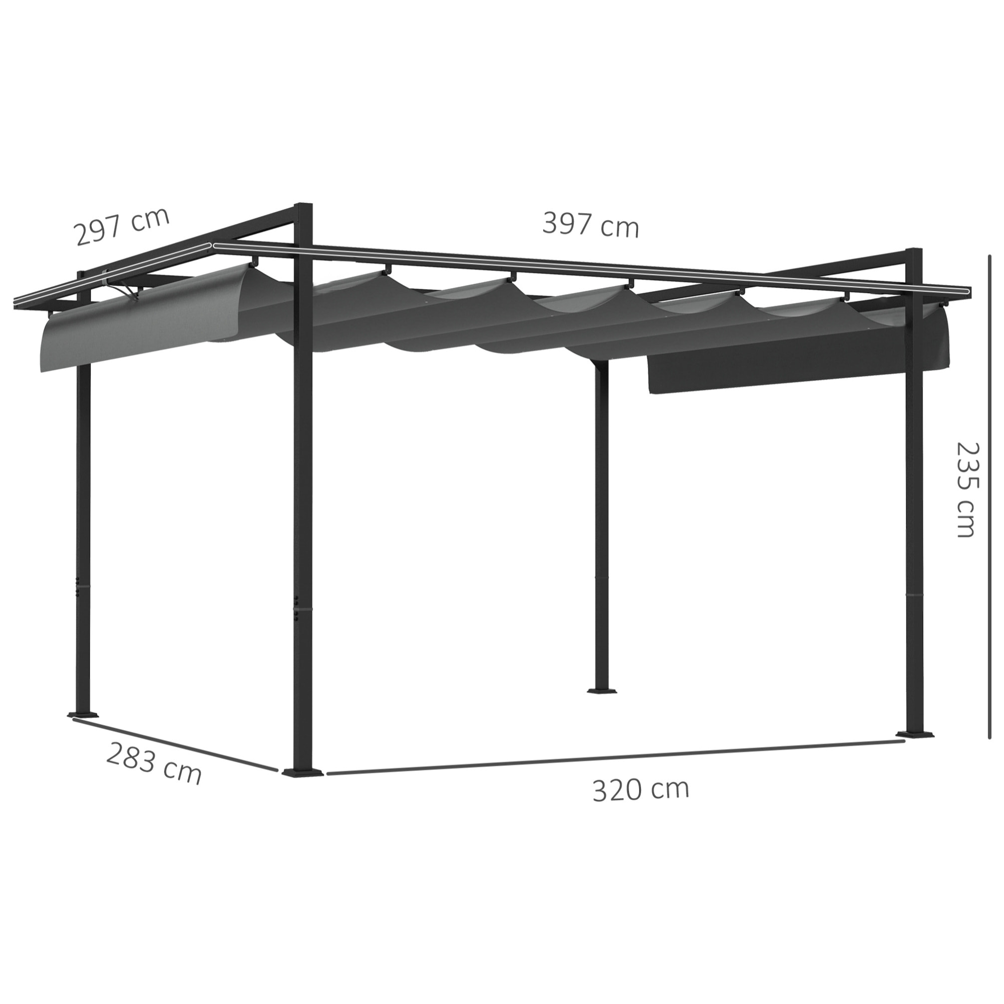 Pérgola 3x4 m Gazebo Cenador de Jardín con Techo Retráctil de Poliéster y 12 Orificios de Drenaje Pérgola para Patio Terraza Exterior Gris Oscuro