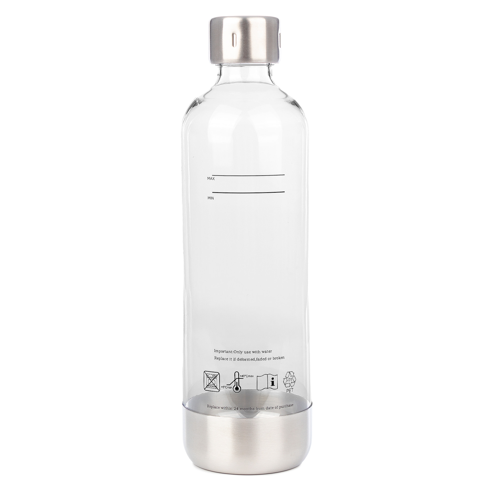 Botella de agua reutilizable de 1 litro en PET resistente, con tapón y base de acero inoxidable.