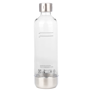 Botella de agua reutilizable de 1 litro en PET resistente, con tapón y base de acero inoxidable.