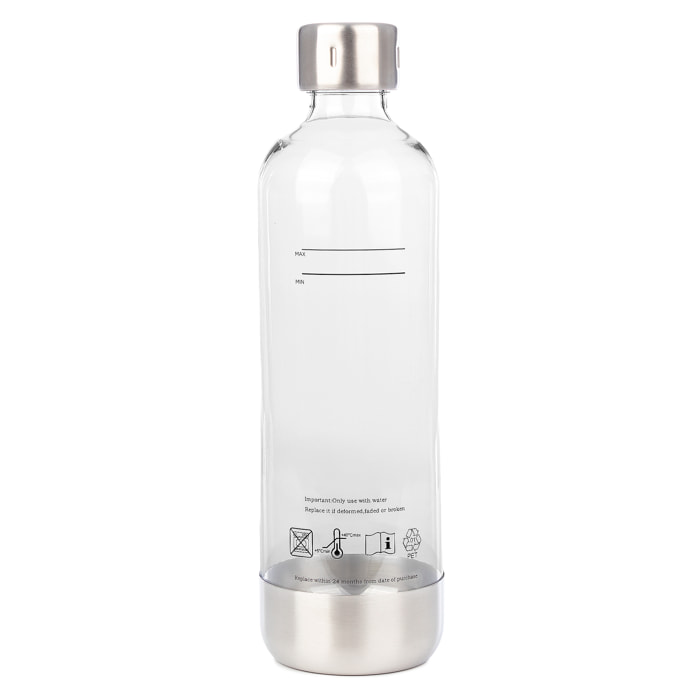 Botella de agua reutilizable de 1 litro en PET resistente, con tapón y base de acero inoxidable.