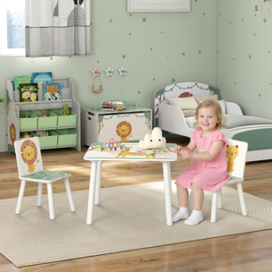Mesa y Sillas Infantiles de 3 Piezas, Mesa Infantil con 2 Sillas de Madera de Pino, Juego de Muebles con Dibujos de Leones para niños de +3 Años, para Dormitorio, Sala de Juegos, Verde