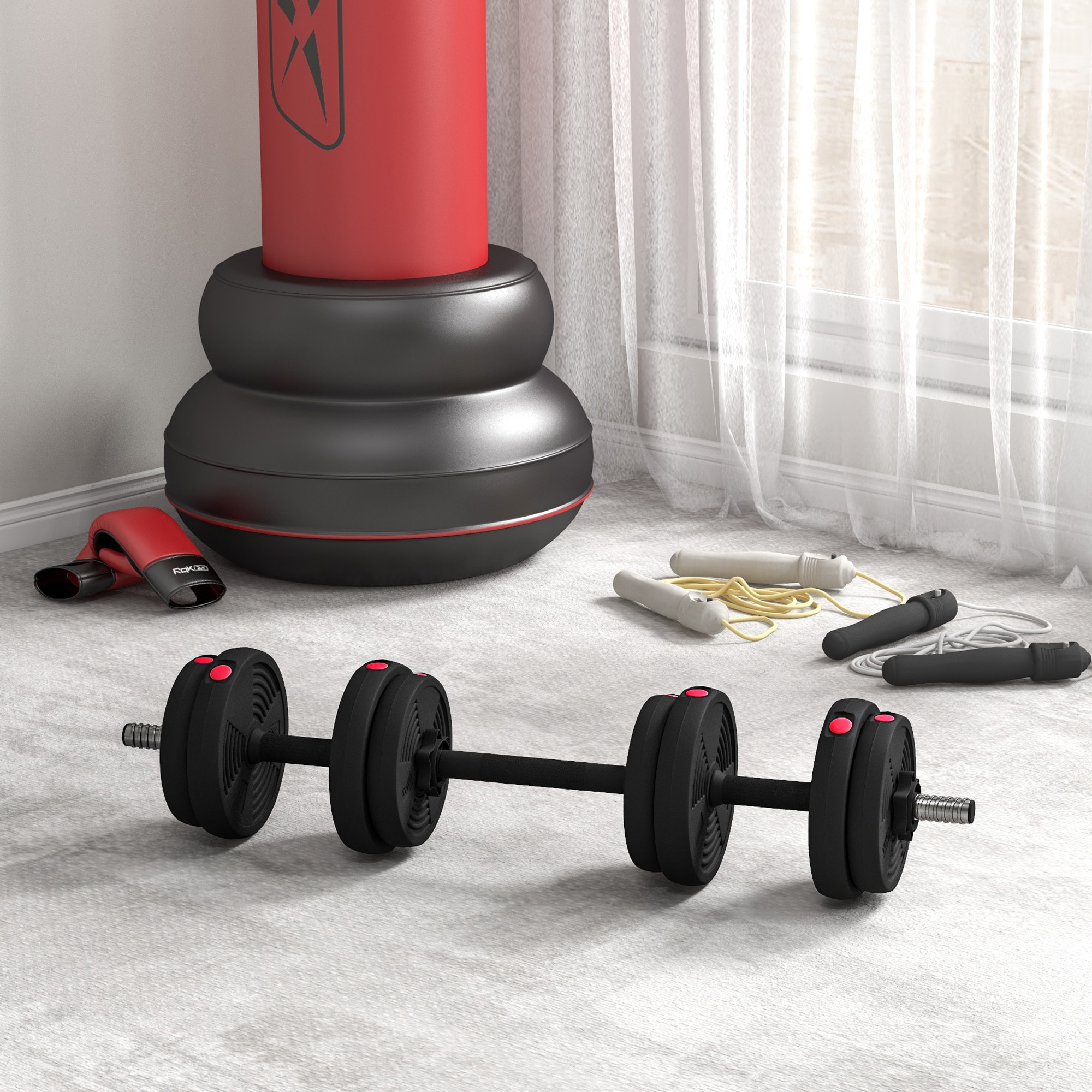 Haltères 2 en 1 réglables - haltères libres 15 Kg - barres incluses - entraînement musculaire & haltérophilie - noir rouge