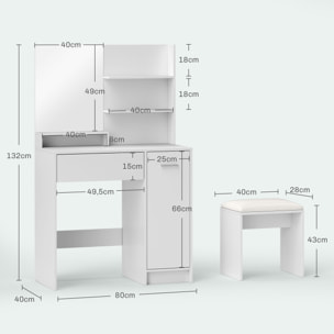 Tocador de Maquillaje con Taburete Mesa de Maquillaje con Espejo Estantes Abiertos Cajón y Estante Ajustable Anti-vuelco para Dormitorio Salón Blanco