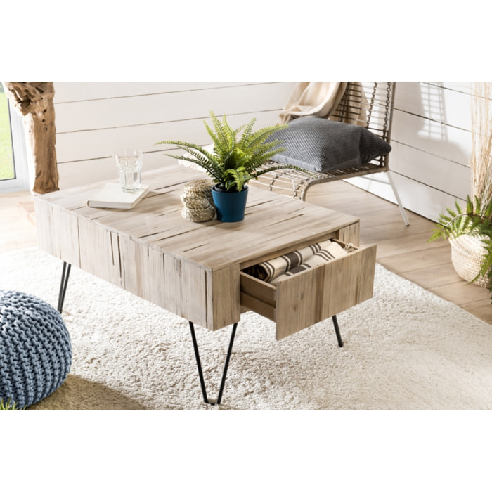 LALY - Table basse rectangulaire 2 tiroirs branches bois Teck naturel - pieds épingles scandi métal