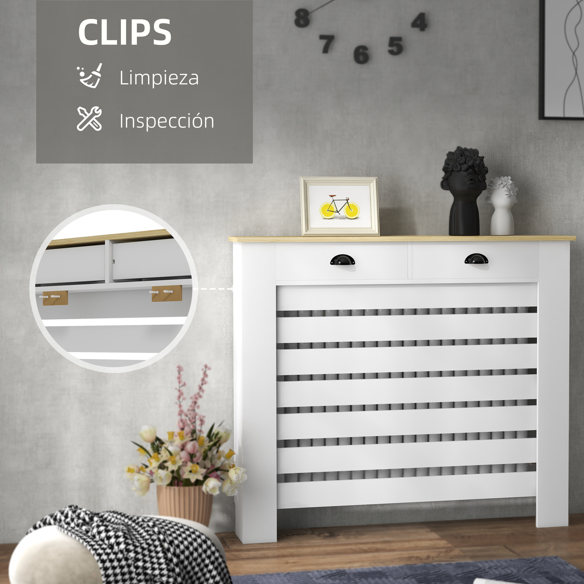 Cubre Radiadores con Cajón, Cubreradiador de MDF, Cubierta para Radiador, Diseño Moderno de Listones, para Salón, Dormitorio, 111x19x95,5 cm, Blanco