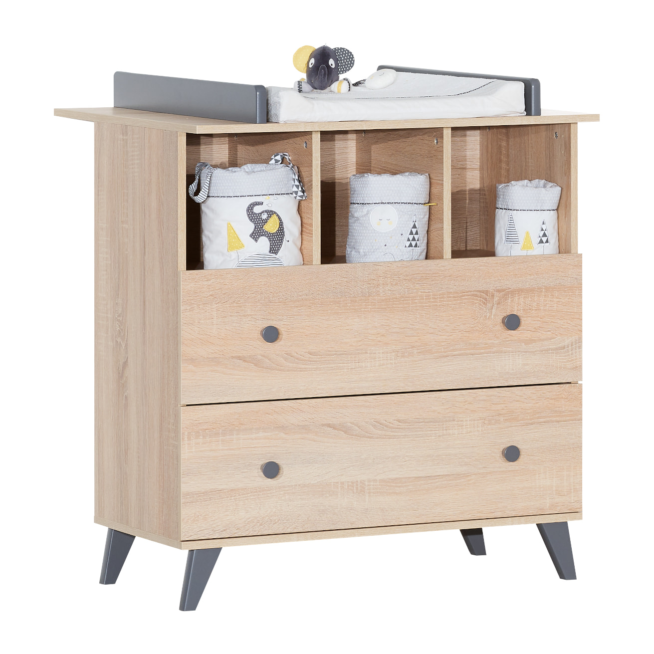 Chambre bébé trio: Lit bébé 60x120, Commode à langer 2 tiroirs et armoire 2 portes décor bois chêne