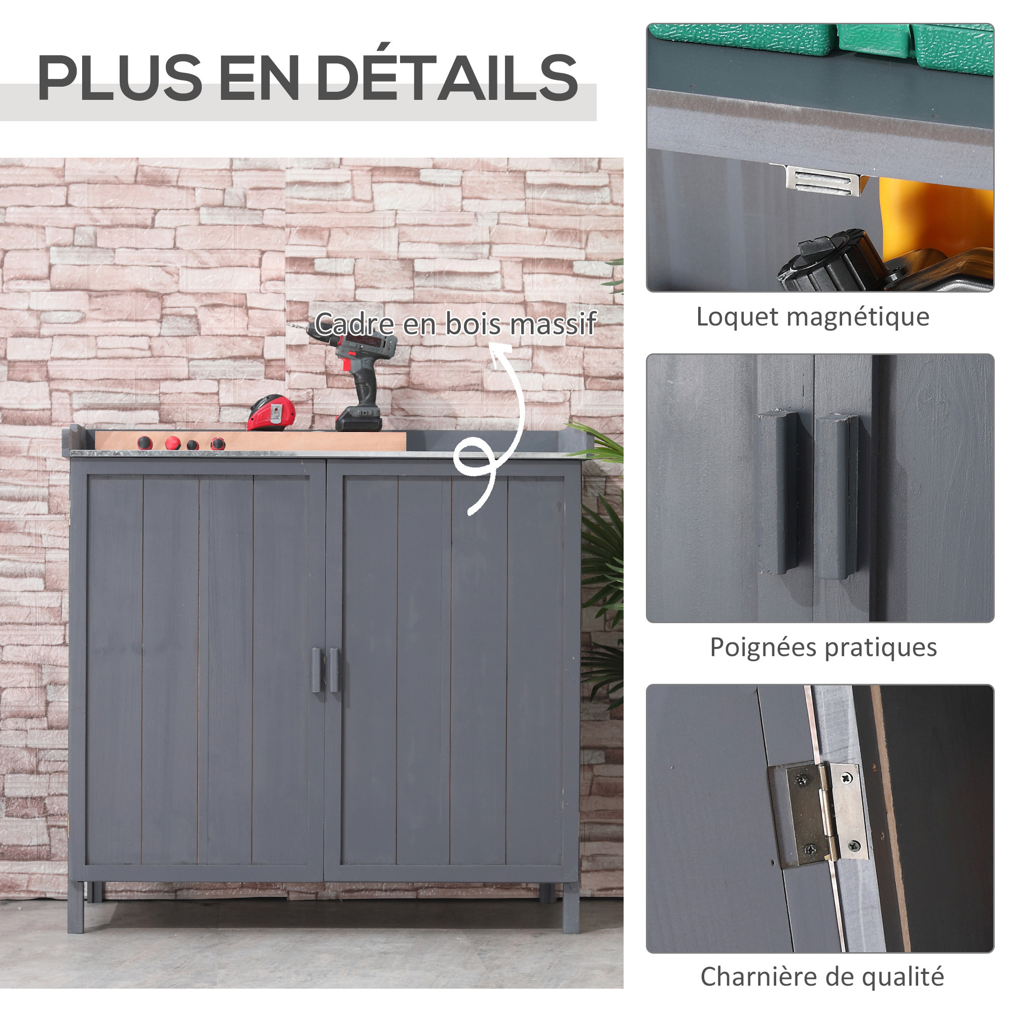 Armoire de rangement de jardin sur pied, table de rempotage 2 en 1 double porte, étagère, plateau métal galvanisé - bois sapin gris