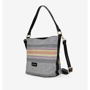 Bolso de hombro negro y gris con rayas