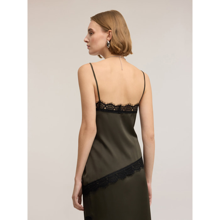 Motivi - Top asimmetrico in raso con pizzo - Verde militare