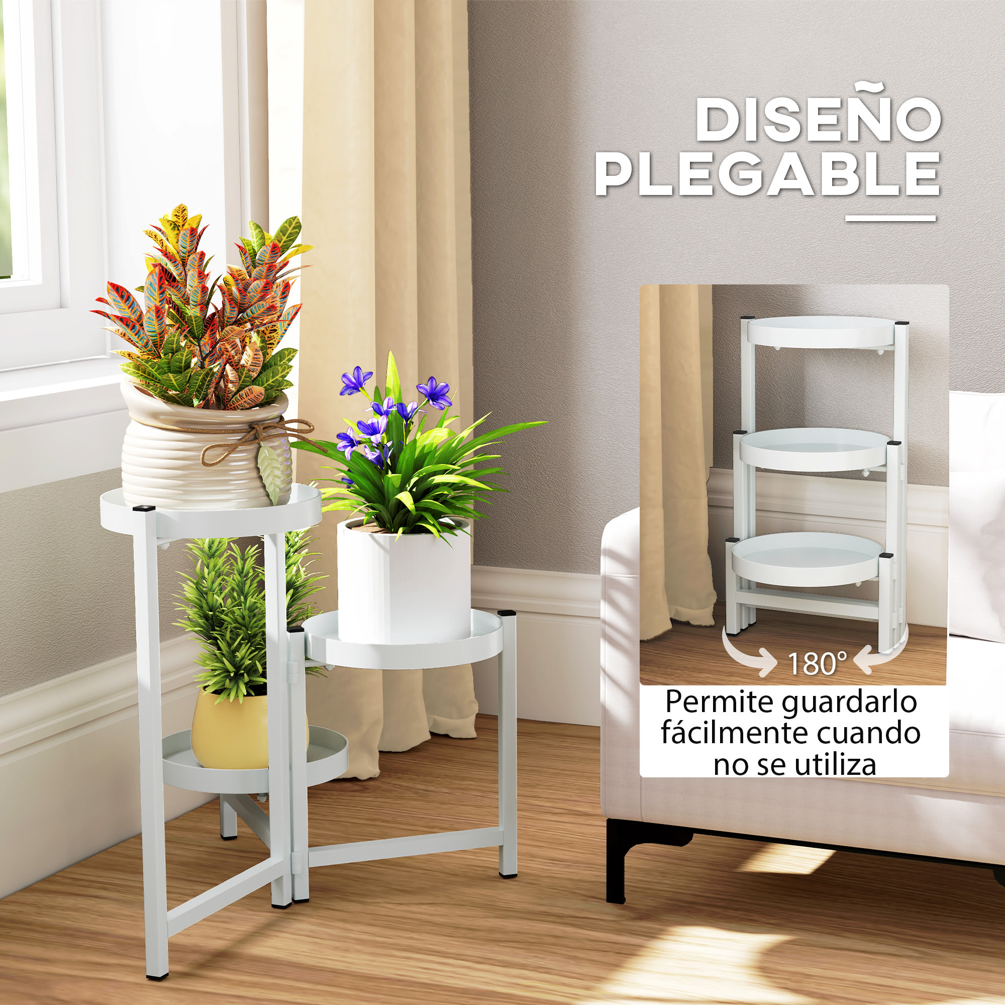 Estantería para Plantas Plegable de 3 Niveles Soporte para Plantas de Metal con 3 Estantes Redondos Soporte para Macetas para Interior y Exterior 40x40x42 cm Blanco