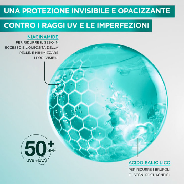 Fluido Fluido Viso Anti-Imperfezioni Anti-UV Quotidiano SPF 50+ Invisibile Opacizzante PureActive Salicylic con Acido Salicilico e Niacinamide - Flacone da 40ml