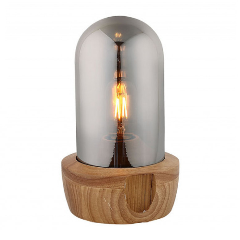 Lampe à poser en verre teinté gris et socle bois - CARLA