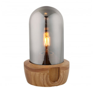 Lampe à poser en verre teinté gris et socle bois - CARLA