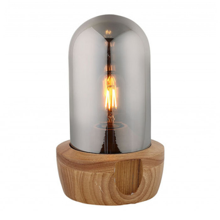 Lampe à poser en verre teinté gris et socle bois - CARLA