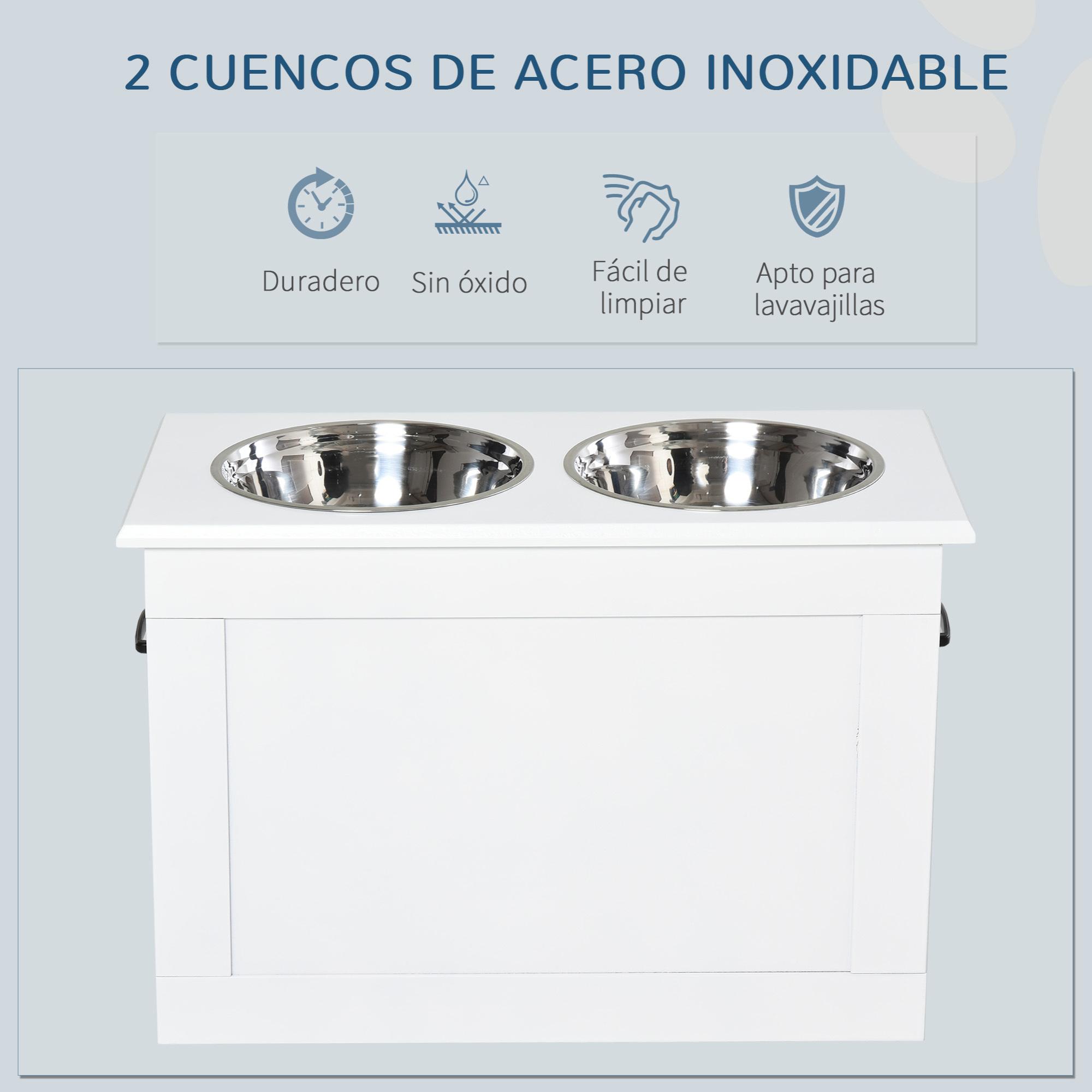 Comedero Elevado para Perros Cuencos para Perros con 2 Tazones de Acero Inoxidable y Espacio de Almacenaje Oculto 60x30x41 cm Blanco