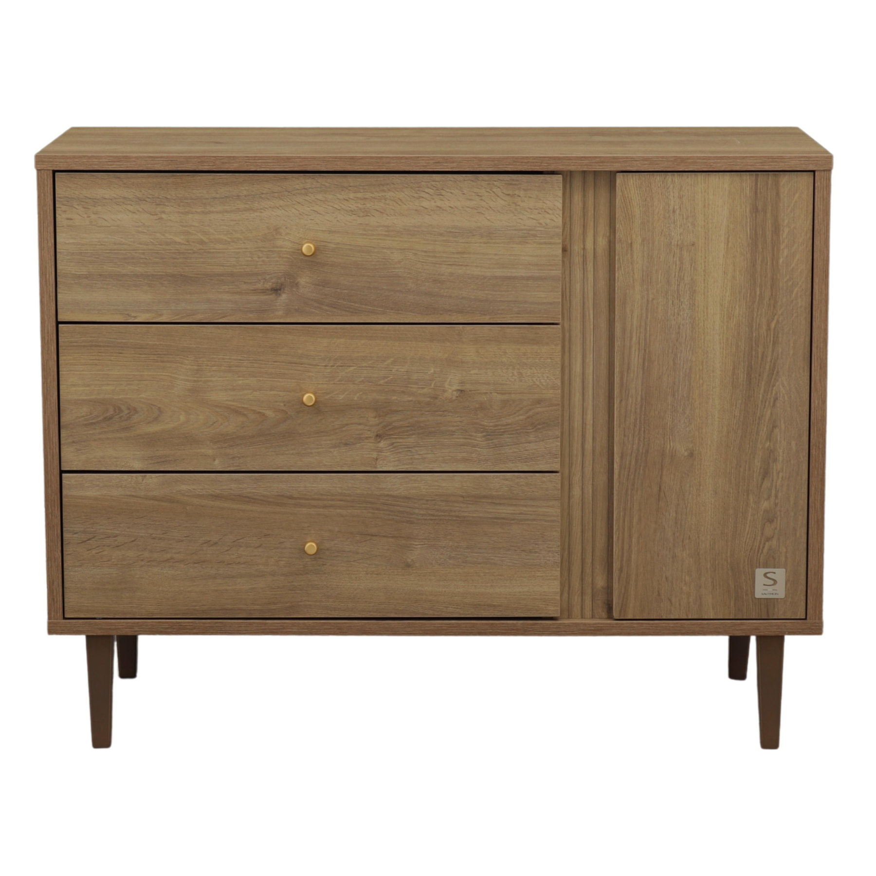 Commode 3 tiroirs et 1 porte avec détail imitation bois texturé et pieds bois
