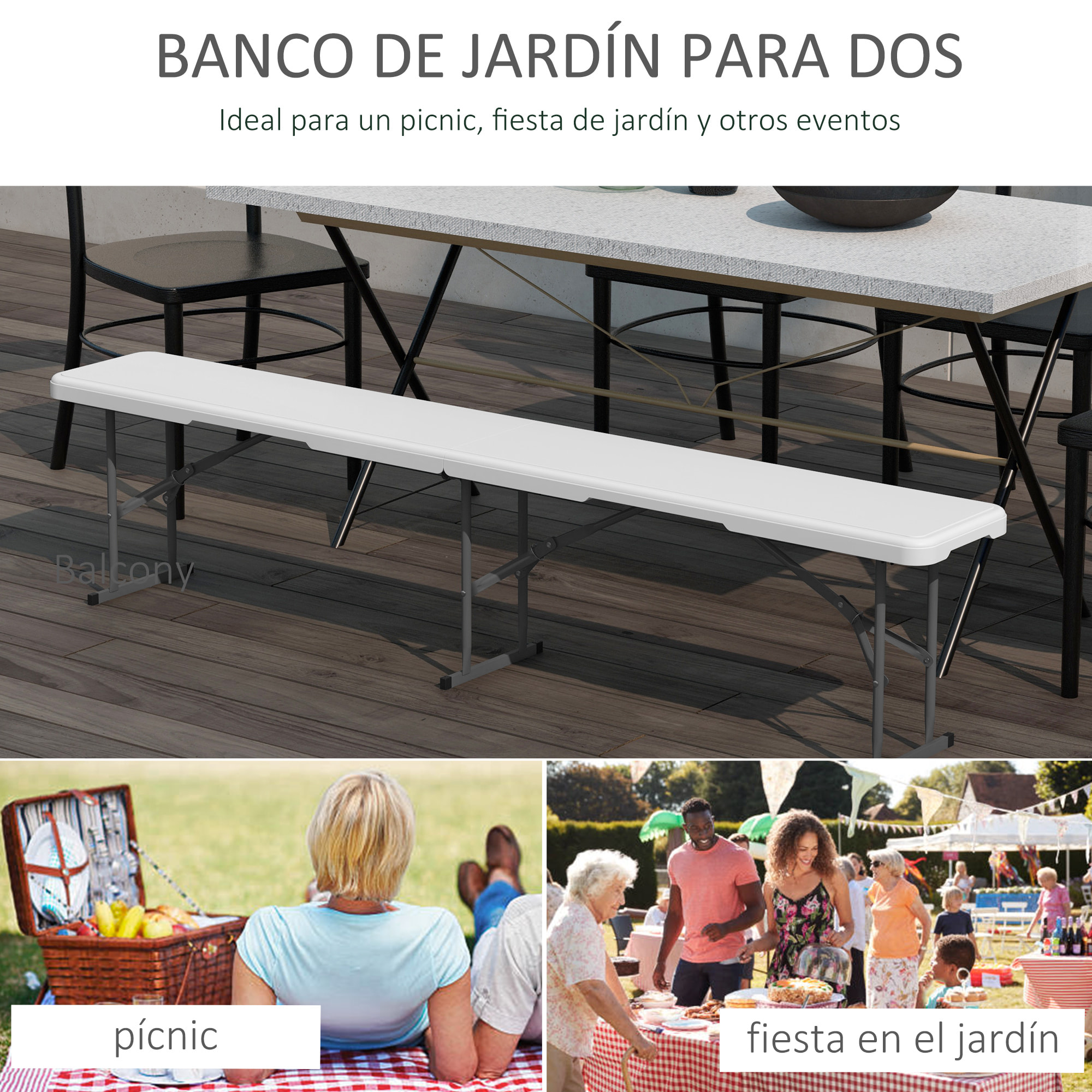 Banco de Jardín Plegable Banco Exterior de 3 Plazas con Marco de Acero Carga 360 kg para Patio Terraza Balcón Camping 183x28x43 cm Blanco