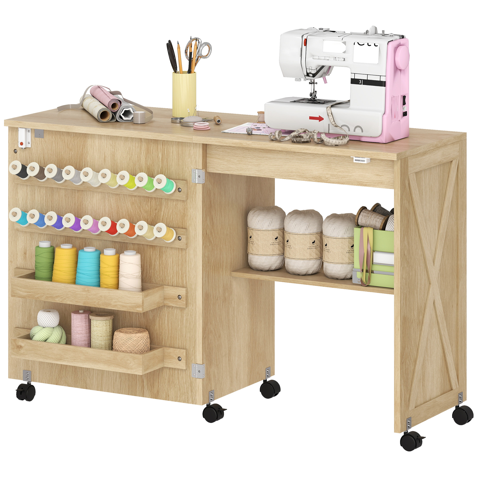 Table de couture pliable mobile 2 bacs 18 porte-bobines étagère naturel