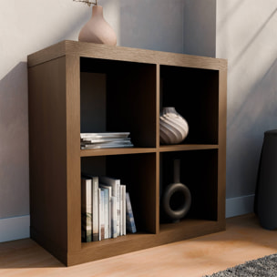 Etagère bibliothèque cubique 2 niveaux 4 compartiments. casiers. effet bois de noyer. L 76 x P 39 x H 76cm