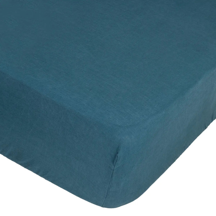 Drap-housse "Linah" - bleu canard - lin lavé 140x190 cm