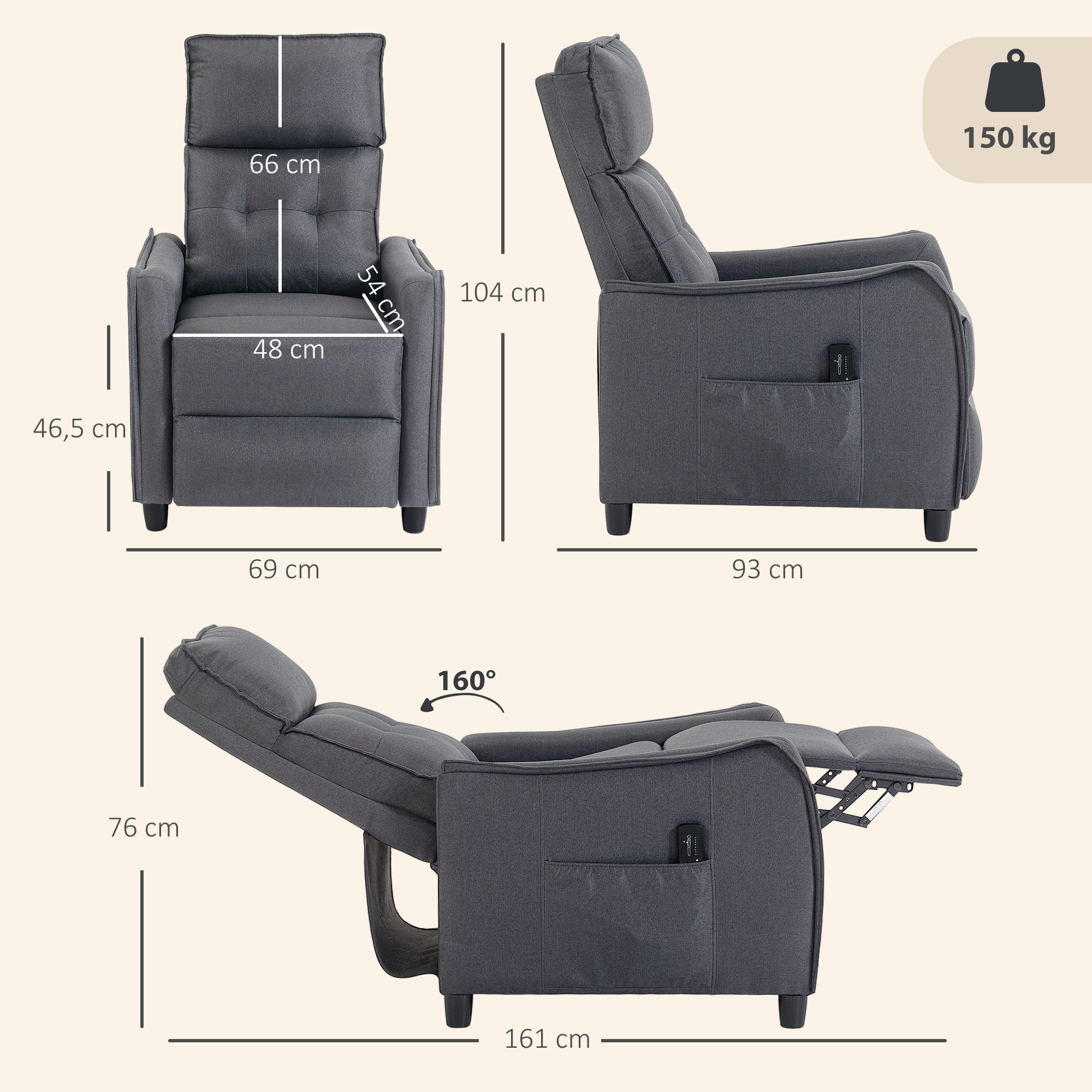 Sillón de Masaje, Sillón Relax Reclinable 160° con Mando a Distancia, Reposapiés, 2 Zonas de Masaje, Asiento de Muelles, Bolsillos, Tapizado en Lino Transpirable para Salón, 69x93x104 cm, Gris