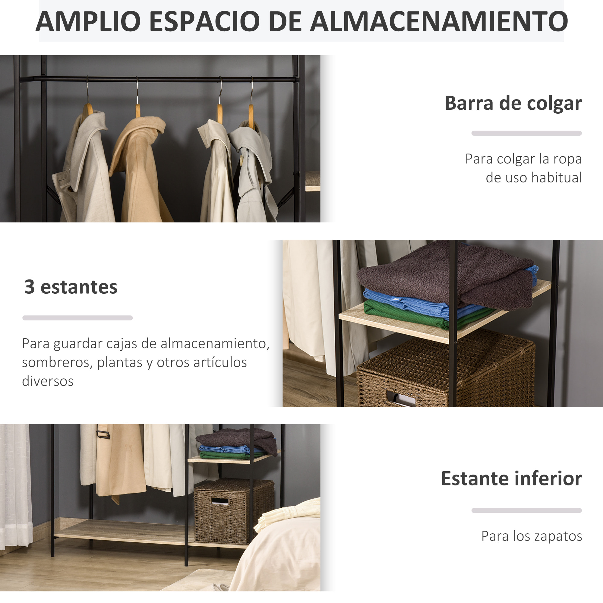 Perchero de Ropa Perchero de Madera con 4 Estantes de Almacenaje y Barra para Colgar Carga 30 kg para Dormitorio Salón Entrada 100x46x170,5 cm Natural