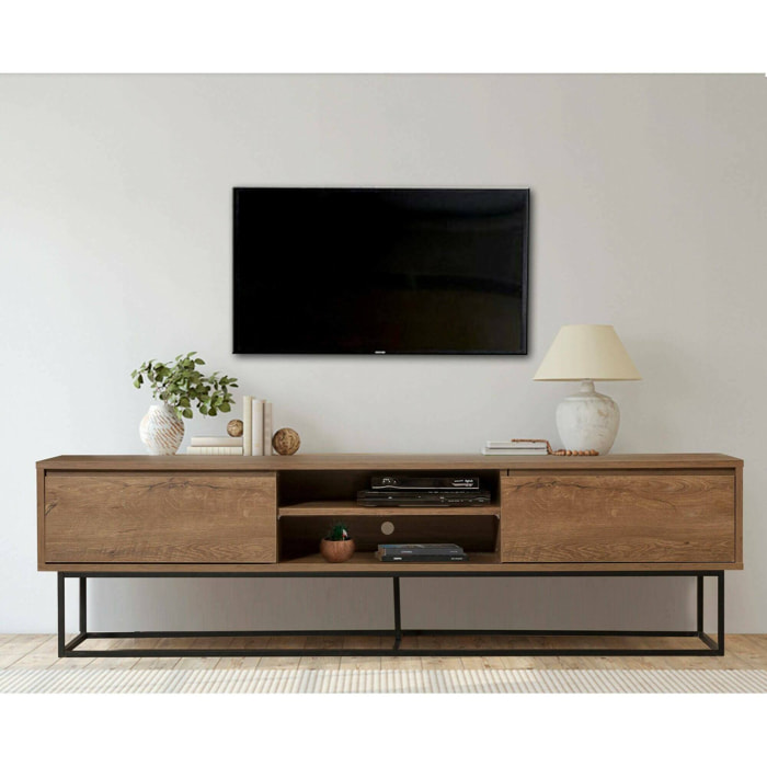 Mobile porta TV Corinna, Credenza da soggiorno, Armadio basso per TV, Base parete attrezzata, 180x40h50 cm, Noce e Nero