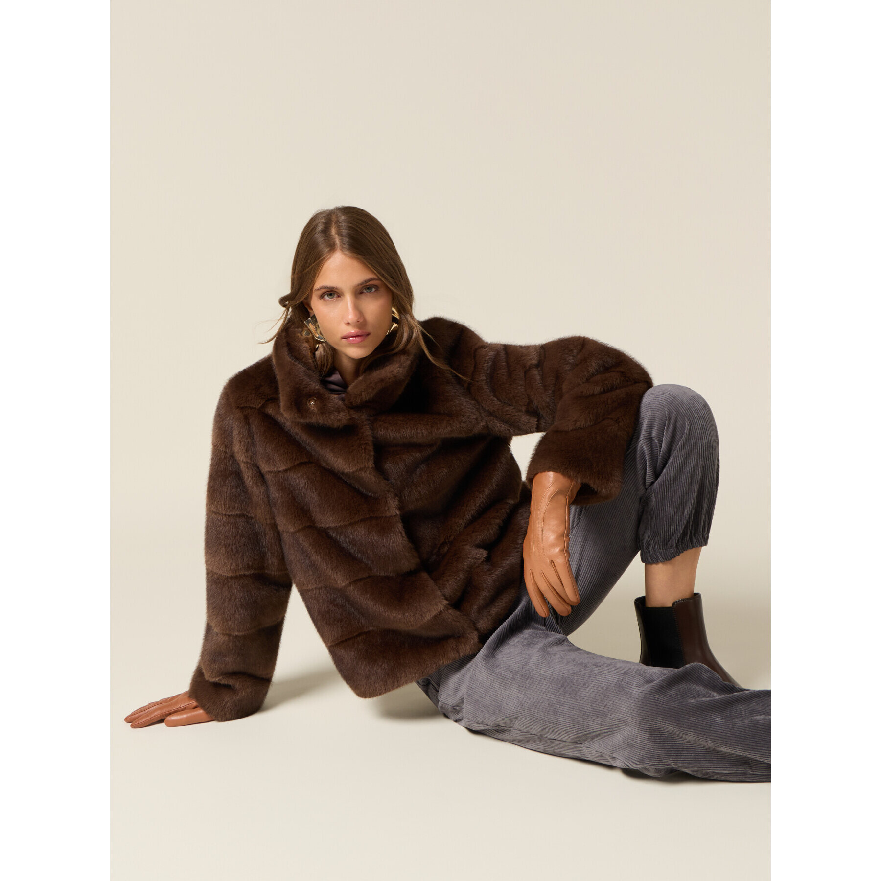 Oltre - Chaqueta corta efecto peluche - Marrón