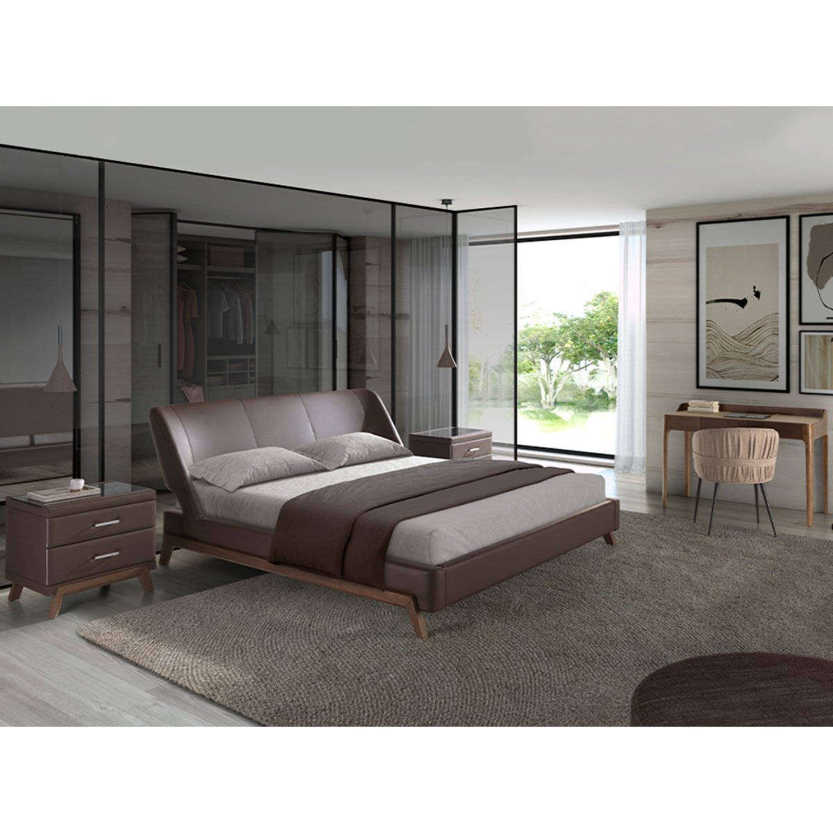 Cama Angel Cerdá de matrimonio con cabecero y estructura en polipiel en marrón chocolate y patas de madera chapada en nogal natural 205x237x95cm