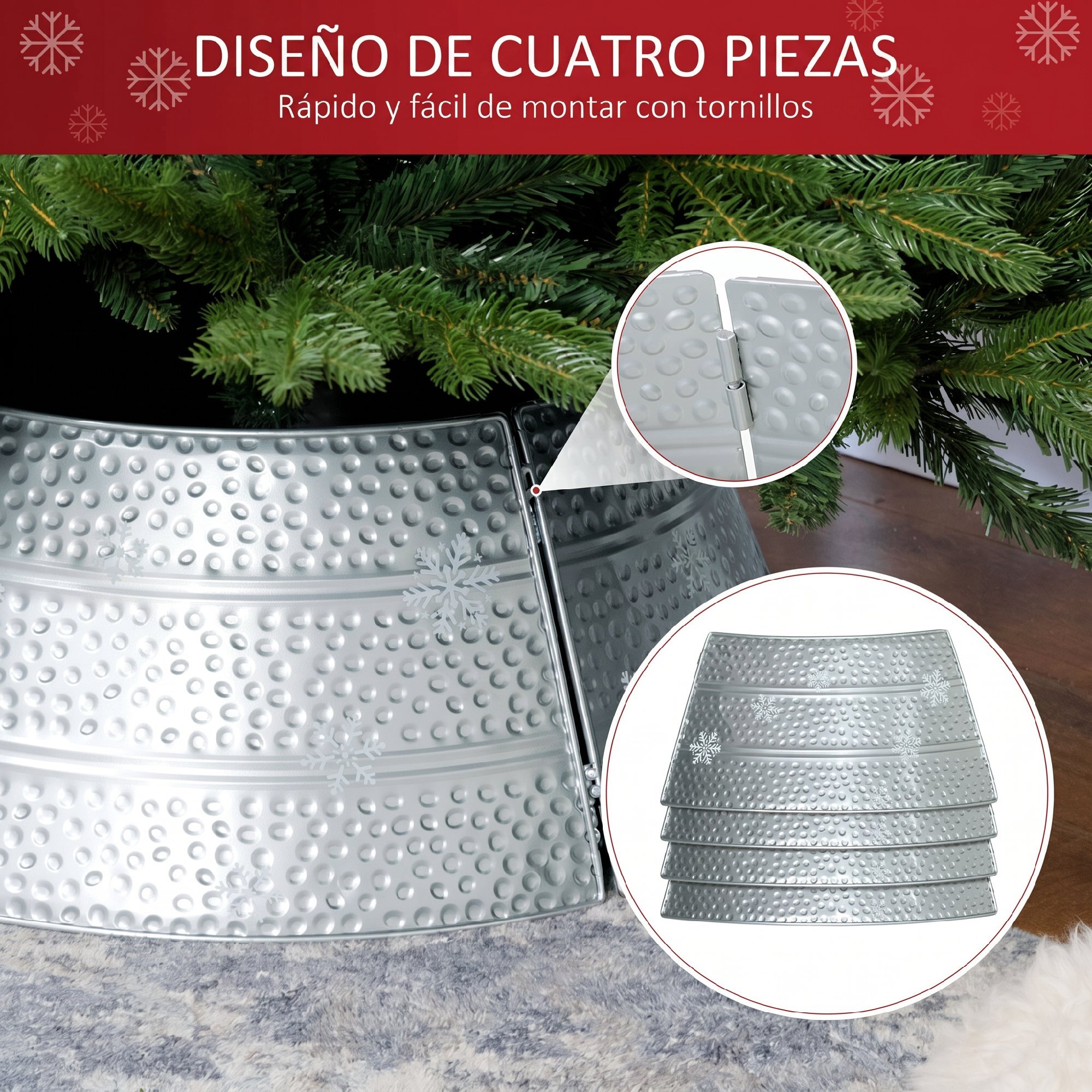 HOMCOM Collar para Árbol de Navidad, Falda para Árbol de Navidad de Metal, Impermeable, Decoración para para Fiestas, Hogar, 66x66x23 cm, Plateado