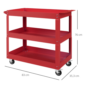 Chariot desserte d'atelier acier 3 plateaux sur roulettes avec poignée - charge max. 150 kg - 83 x 35,3 x 76 cm rouge
