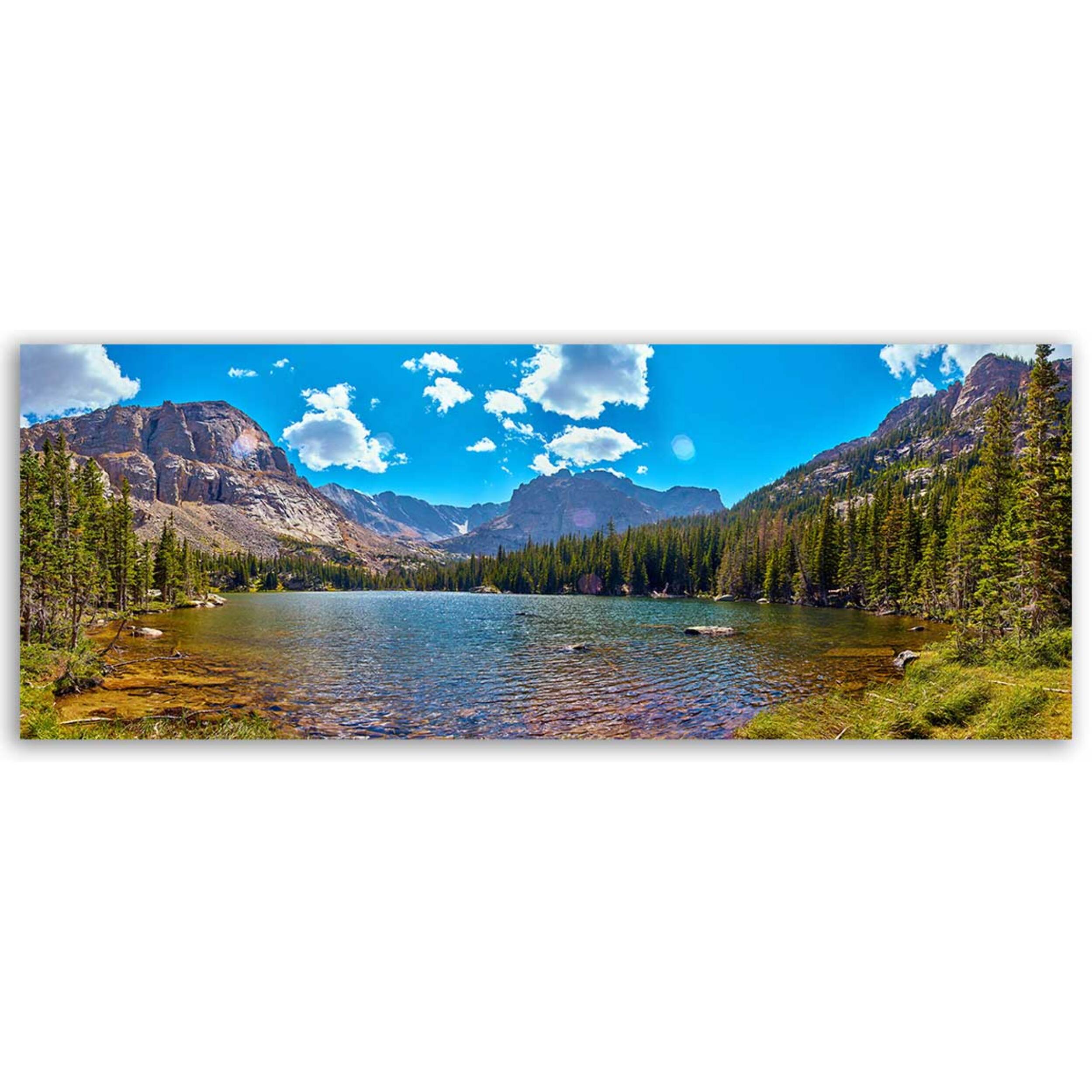 Tableau panoramique lac alpin et forêt sous ciel bleu Toile imprimée
