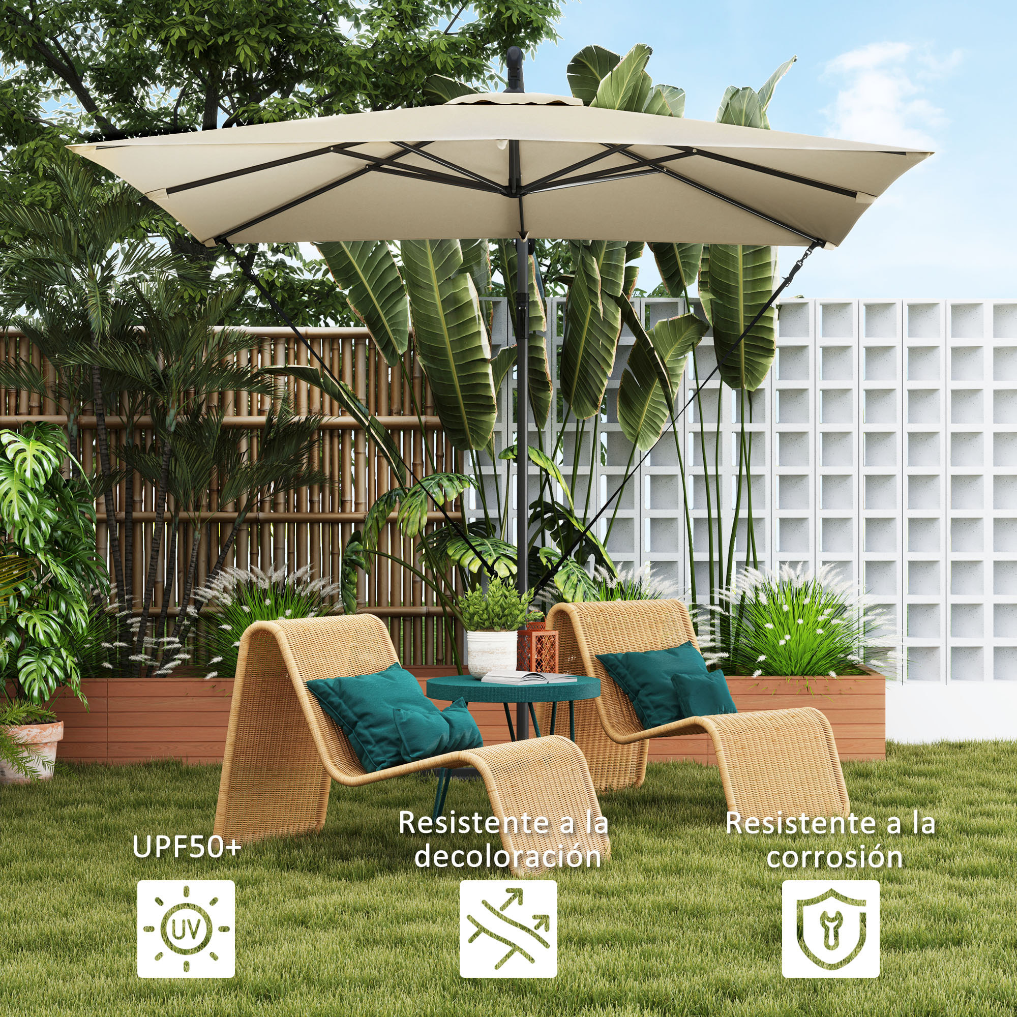 Parasol Excéntrico 247x247 cm Sombrilla de Jardín con Base Cruzada Cubierta Ajustable Manivela Funda Protectora y Cuerda de Viento Anti-UV 50+ Sombrilla para Terraza Patio Caqui