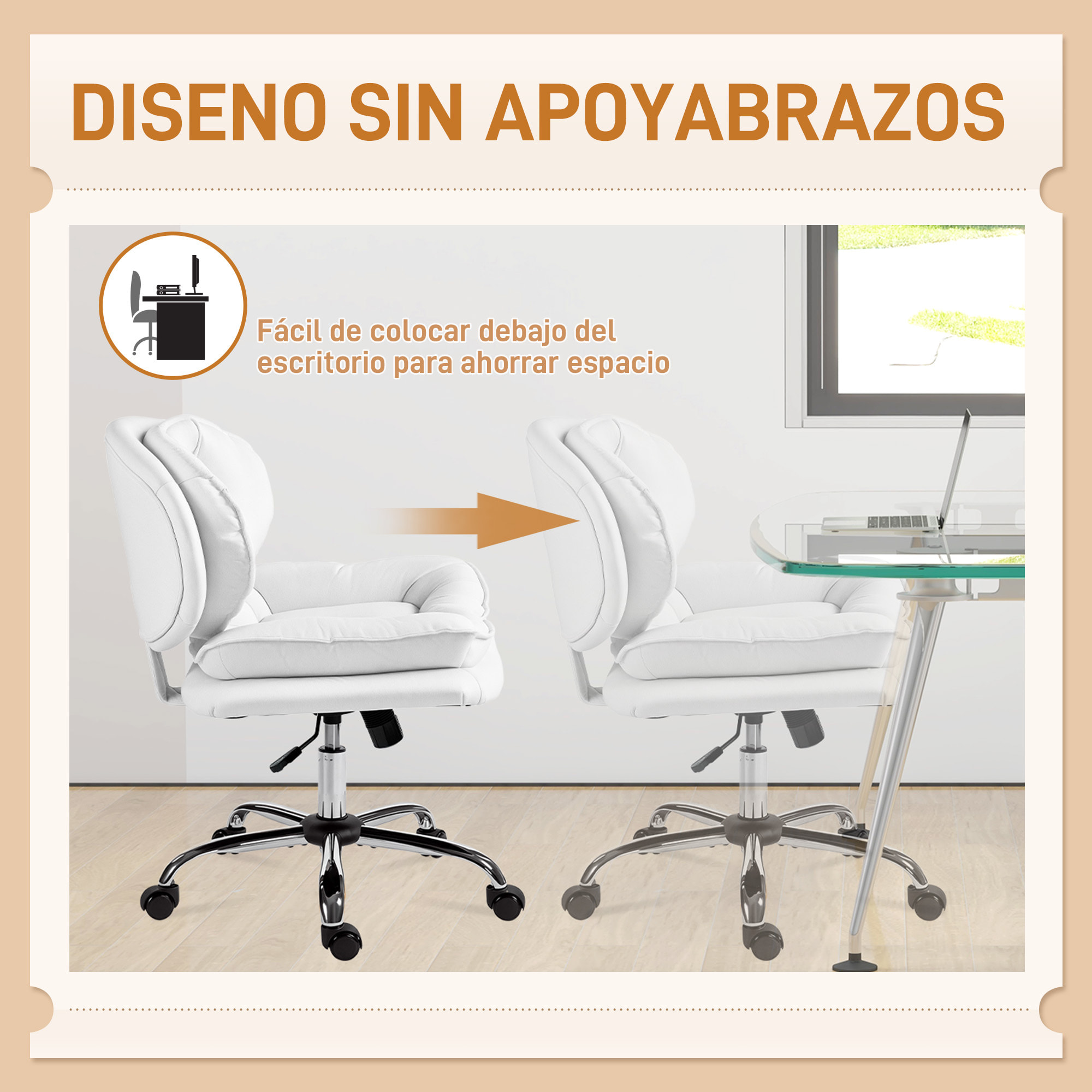 Silla de Oficina Piernas Cruzadas, Silla de Escritorio sin Brazos con Asiento Ancho, Ruedas, Altura Ajustable, Doble Acolchado, Giratoria, Función Basculante, Tapizada en PU, Blanco