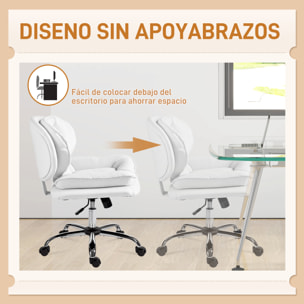 Silla de Oficina Piernas Cruzadas, Silla de Escritorio sin Brazos con Asiento Ancho, Ruedas, Altura Ajustable, Doble Acolchado, Giratoria, Función Basculante, Tapizada en PU, Blanco
