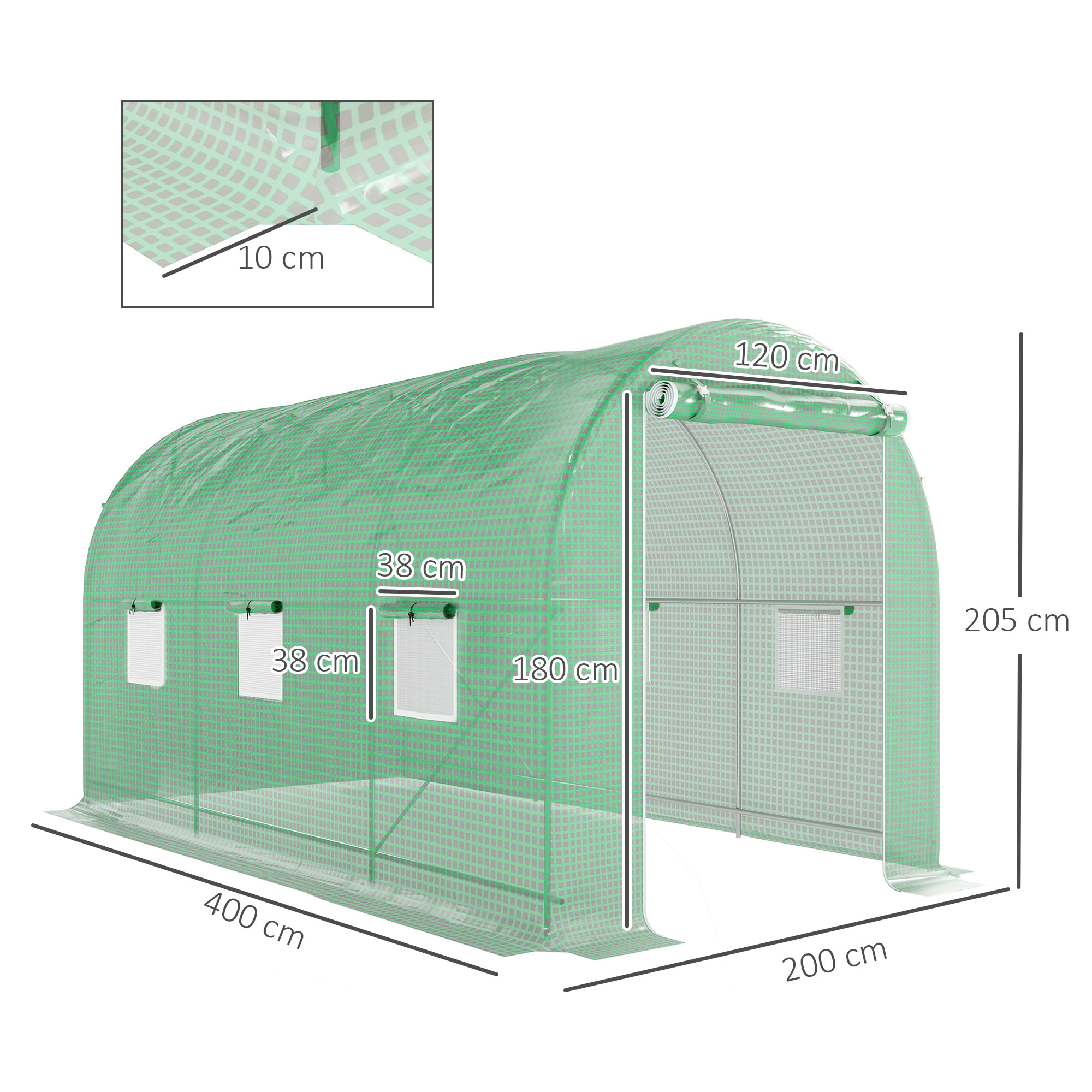 Invernadero de Túnel 400x200x205 cm Invernadero de Jardín con Puerta Enrollable y 6 Ventanas Cubierta PE 140 g/m² Marco de Metal para Cultivo Plantas Verduras Verde