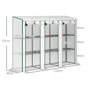 Invernadero de Exterior de 3 Niveles Invernadero de Jardín con 9 Estantes Puerta Enrollable con Cremallera Marco de Acero Cubierta de PE 140g/m² Anti-UV para Terraza Patio 215x46x151cm Blanco