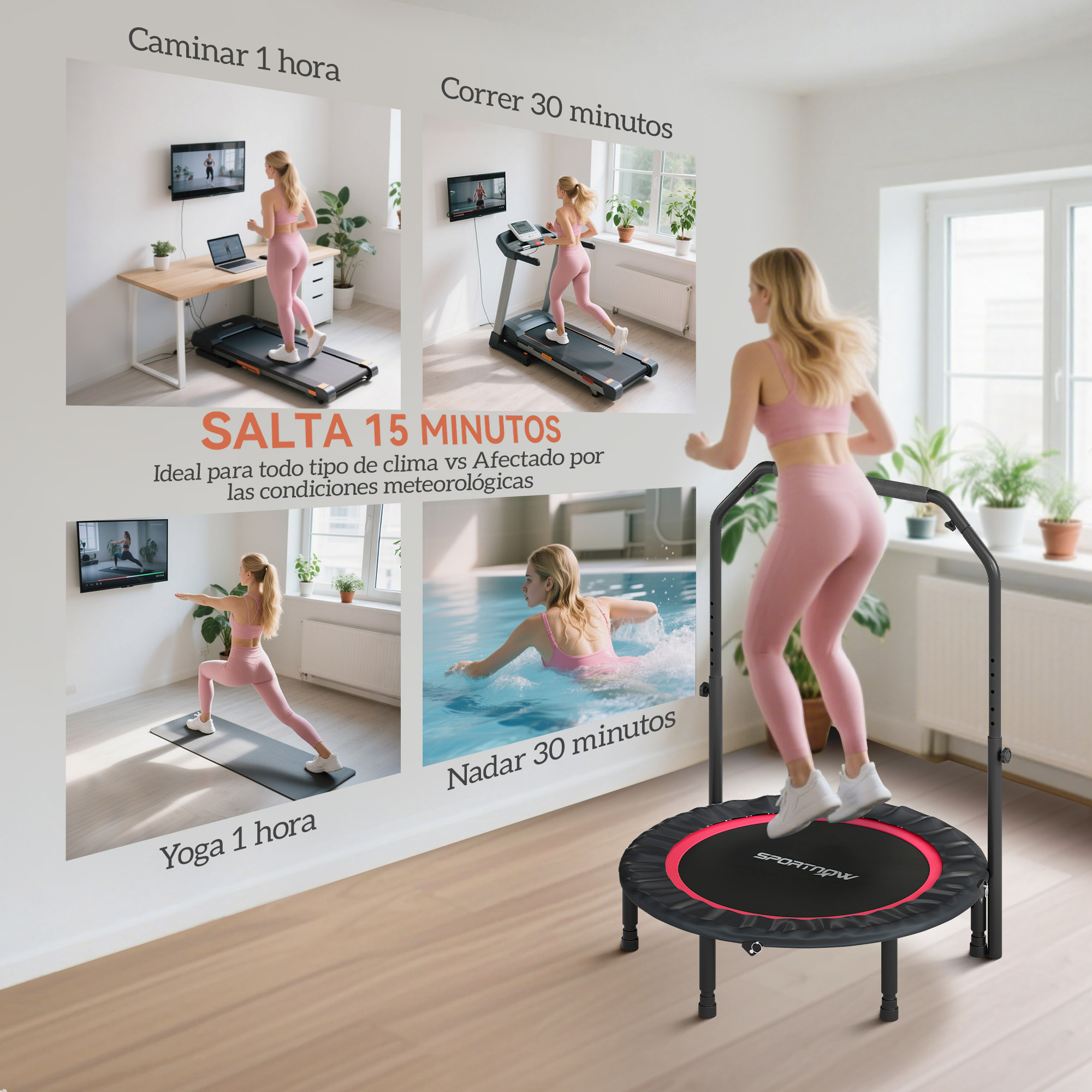 Trampolín de Fitness Adultos Ø102 cm, Cama Elástica Plegable con Mango Ajustable de 4 Niveles y Bandas, para Entrenamiento Piernas Cuerpo en Hogar Oficina Gimnasio Exterior, Carga 150 kg Rojo