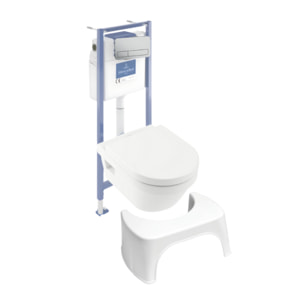 Pack WC sans bride Architectura avec abattant + bâti-support sol et mur Viconnect PRO + plaque chromée mat  + Tabouret blanc