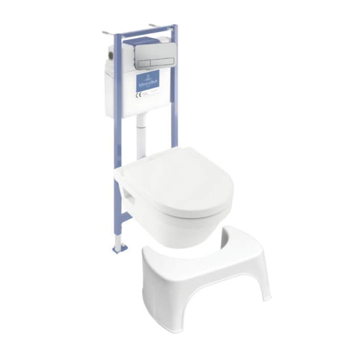 Pack WC sans bride Architectura avec abattant + bâti-support sol et mur Viconnect PRO + plaque chromée mat  + Tabouret blanc